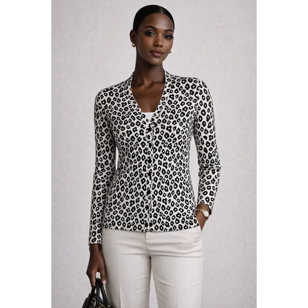 Theory Women's M Glossed Leopard Print Cardigan Ivory/Black NWT $385 Minimalist
